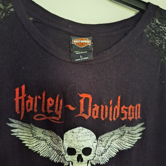 Harley-Davidson Women's Graphic T-shirt Skull, Wings & Roses Biker Motorcycle L - Picture 9 of 12
